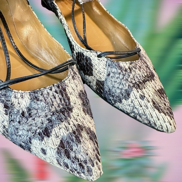 Aquazzura ‘Belgravia’ Two-Tone Snakeskin Ankle-Tie Flats Size 9 ASO Meghan - Picture 15 of 16